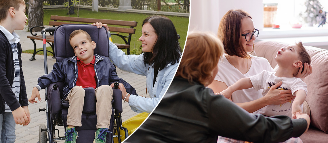 Beratung _ Familien & Kinder Behinderter Junge sitzt im Rollstuhl, daneben eine Frau die lächelt. Daneben: Behinderter Junge bekommt Physiotherapie.