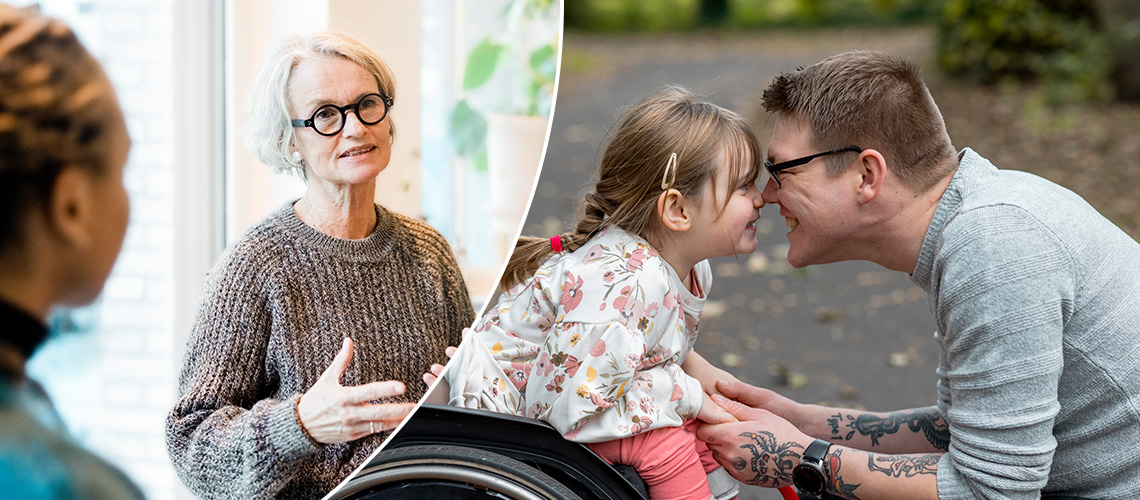 SLIDER_Über_uns Ältere Frau mit Brille berät eine jüngere Frau. Daneben ein Foto mit einem Kind im Rollstuhl und gegenüber ein lächelnder Mann.