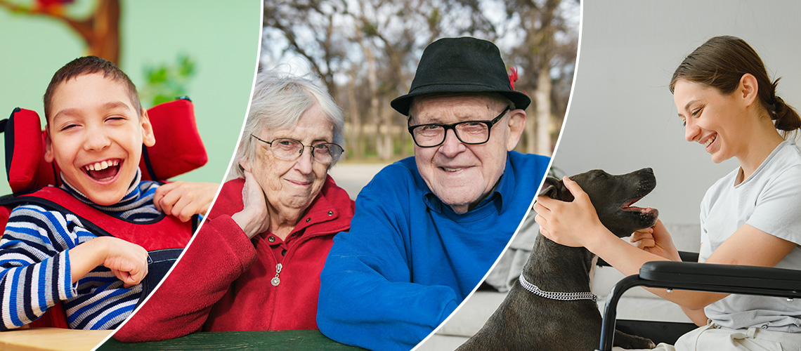 Lachender behinderter Junge, älteres Ehepaar, Frau im Rollstuhl die einen Hund streichelt