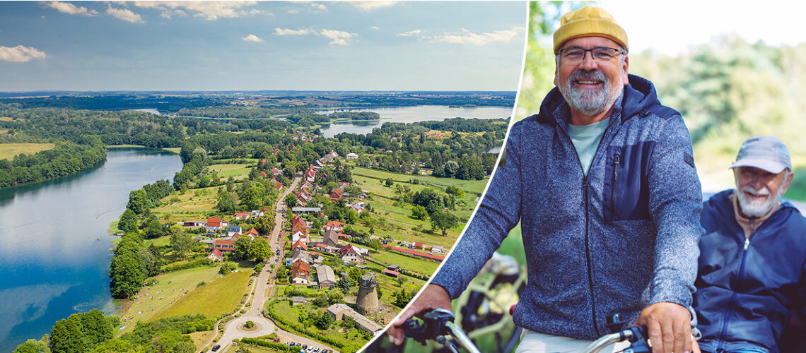 Feldberger Seenlandschaft als Luftbild und zwei ältere lachende Männer auf dem Fahrrad