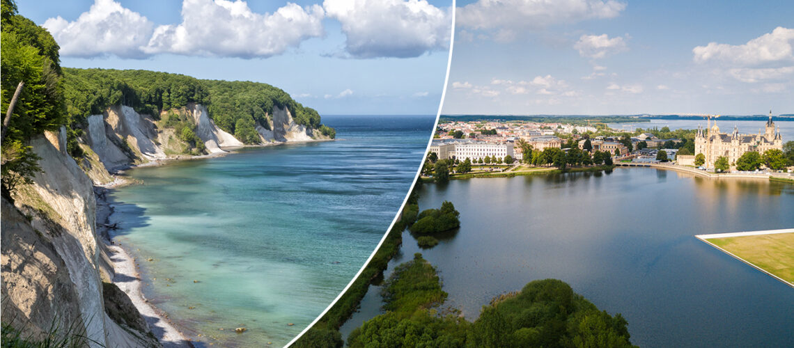Meer mit Kreidefelsen. Daneben: Seenlandschaft mit einem Schloss.